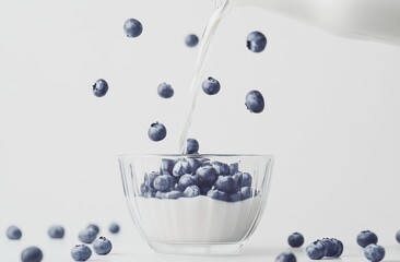 Poster - A pour of milk over blueberries in a bowl, creating a fresh and healthy food scene.