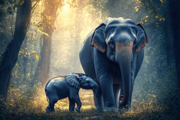 Poster - A serene scene of an adult elephant and a calf walking through a sunlit forest.