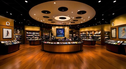 Poster - A modern retail space featuring shelves of media products and a central display area.