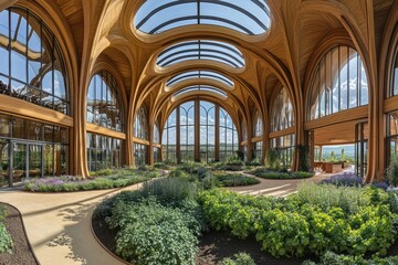 Poster - A modern architectural space featuring wooden structures and lush greenery.