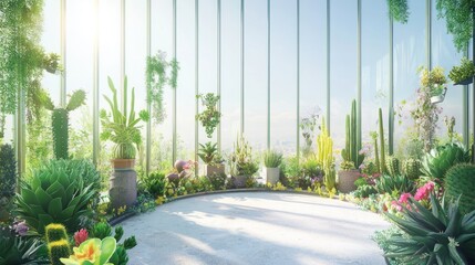 Poster - A bright, modern greenhouse filled with various plants and cacti, showcasing nature indoors.