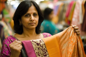 Poster - A woman holds a colorful fabric in a textile shop, showcasing traditional attire.