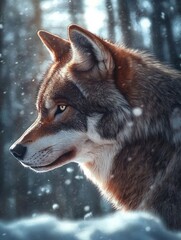 Poster - A majestic wolf in profile, set against a snowy forest backdrop.