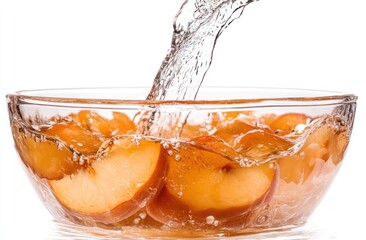 Poster - Fresh peaches in a bowl with water pouring over them, creating a refreshing scene.