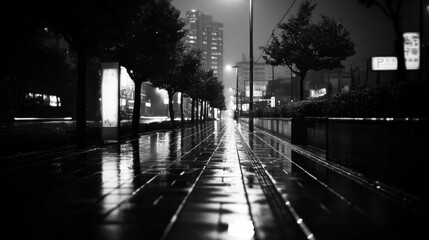 Poster - A rainy night scene with reflections on pavement and illuminated buildings in the background.