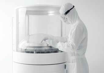 Aufkleber - A person in protective gear operates a scientific equipment in a sterile environment.