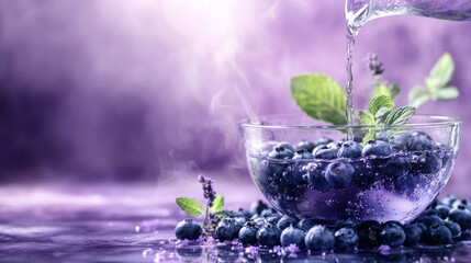 Poster - A bowl of blueberries with water being poured, surrounded by mint leaves and a purple backdrop.