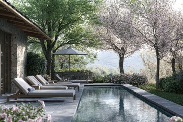 Aufkleber - Serene poolside with loungers and blooming trees in a tranquil outdoor setting.
