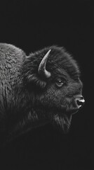 Poster - A close-up of a bison's head against a dark background, showcasing its features.