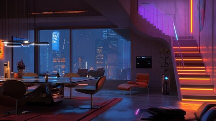 Poster - A modern, futuristic living space with vibrant lighting and city views.