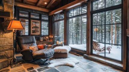 Poster - Cozy winter retreat with a view of snowy trees through large windows.