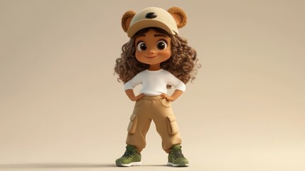 Poster - A cheerful animated girl with curly hair, wearing a cap and casual outfit, poses confidently.