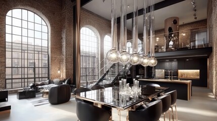 Poster - Modern loft interior with spacious dining area and stylish decor.