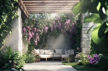 Poster - A tranquil outdoor seating area surrounded by lush greenery and blooming flowers.