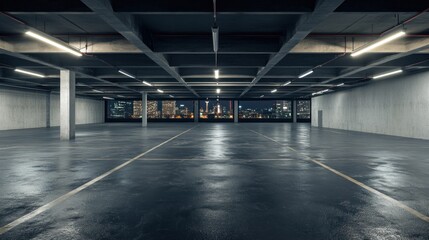 Poster - A spacious, empty parking garage with city skyline views at night.