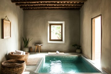 Poster - A serene spa-like room featuring a small pool and natural decor for relaxation.