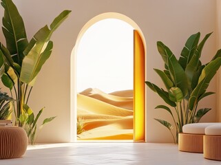 Aufkleber - A serene interior with a doorway leading to desert dunes, framed by lush plants.