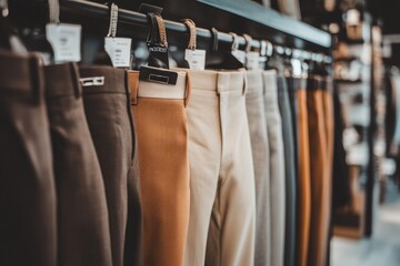 Poster - A display of various pants hanging on racks in a retail store.