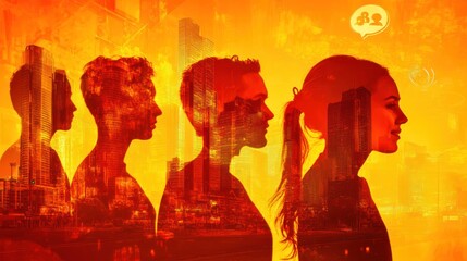 Poster - Silhouettes of people against a vibrant cityscape, symbolizing connection and communication.