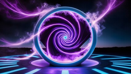 Poster - Purple and blue magical geometric circle neon portal shrouded. Round glowing frame. Futuristic teleporter. Light effect. Bright lights illuminate a night scene.
