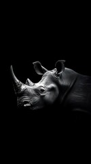 Poster - A striking monochrome depiction of a rhinoceros head against a dark background.