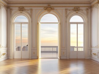 Aufkleber - Elegant interior with arched doors, revealing a serene sunset view over a balcony.