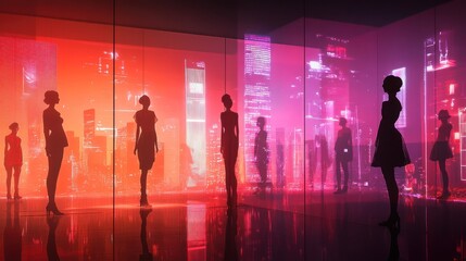 Aufkleber - Silhouetted figures in a vibrant, neon cityscape create an immersive urban atmosphere.