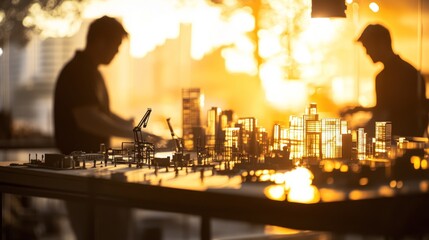 Aufkleber - Two figures examine a detailed urban model against a sunset backdrop.