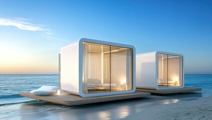 Aufkleber - Modern beachside cabins with large glass windows, designed for relaxation and leisure.