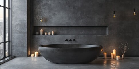 Poster - A modern bathroom featuring a sleek black bathtub, candles, and a minimalist design.