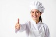© Olga - A girl in an apron and a chef's hat shows thumb up on a white background. The concept of children's cooking master classes