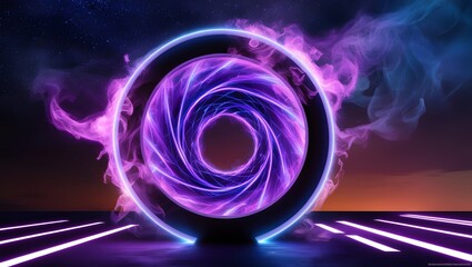 Poster - Purple and blue magical geometric circle neon portal shrouded. Round glowing frame. Futuristic teleporter. Light effect. Bright lights illuminate a night scene.