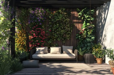 Poster - A serene outdoor space featuring a cozy sofa surrounded by vibrant greenery and flowers.