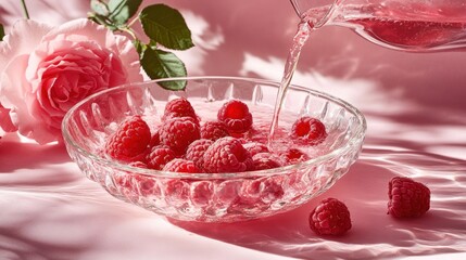 Poster - A bowl of fresh raspberries with water being poured, set against a soft pink background.