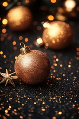 Poster - Golden christmas ornaments shining on black glitter background