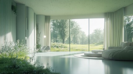 Leinwandbilder - A serene modern interior with large windows overlooking a lush landscape.
