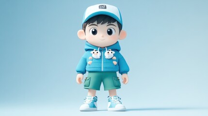 Aufkleber - A cute cartoon boy in a blue outfit with a playful expression and a light background.