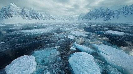 Poster - Icebergs float serenely in the tranquil Arctic waters, with dramatic mountain peaks rising in the backdrop under a moody overcast sky.