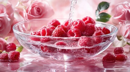 Poster - A bowl of fresh raspberries being rinsed with water, surrounded by pink roses.