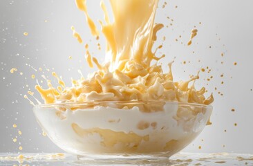 Poster - A dynamic splash of cream and yellow ingredients in a glass bowl, showcasing food preparation.