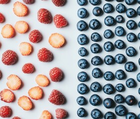 Poster - A vibrant arrangement of raspberries and blueberries on a white background.