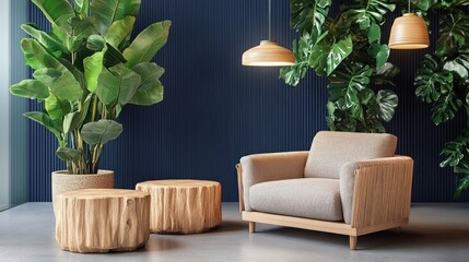 Poster - Cozy seating area with plants and wooden decor for relaxation and style.