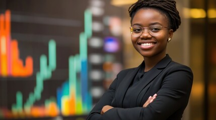 Aufkleber - Confident businesswoman smiling with arms crossed in front of a financial chart backdrop.