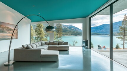 Leinwandbilder - Modern living room with large windows showcasing a lake and mountain view.