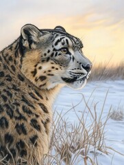 Poster - A detailed portrait of a snow leopard against a snowy landscape at sunset.