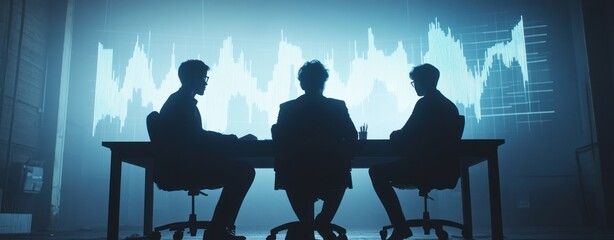 Poster - Three silhouettes in suits discuss data against a backdrop of digital graphs.