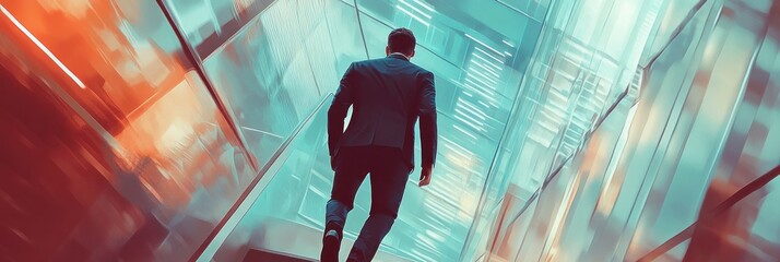 Poster - A person in a suit walking through a modern, brightly lit corridor.