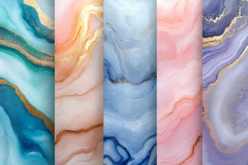 Poster - Alcohol ink painting collection with gold veins in blue, pink and purple tones