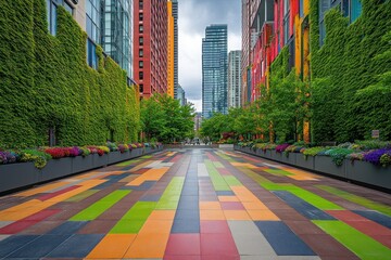 Poster - A vibrant urban walkway surrounded by greenery and colorful buildings, inviting leisure and exploration.