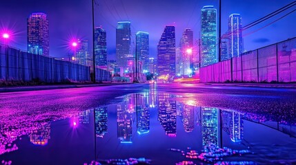 Poster - A vibrant cityscape reflecting colorful lights in a puddle at night.
